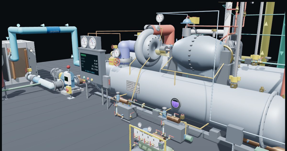 3D view of the steam-turbine centrifugal chiller plant in the trainer, with the compressor, condenser, evaporator, pumps and control panel